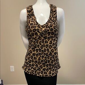 Tory Burch silk tank top deep V-Neck w/ ruffle Black Carmel Tan  animal print S
